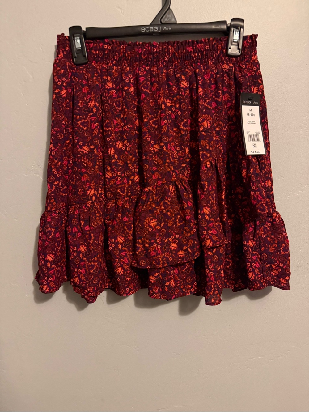BCBG Floral Red and Pink Ruffle Tiered Mini Skirt